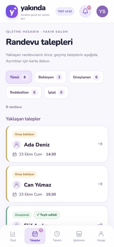 Randevu talepleri · örnek mobil ekran